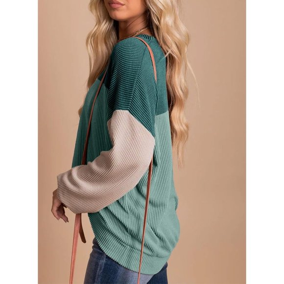 Women's Fashion Color Block Long Sleeve Crewneck Knitted Casual Loose Pullover - Picture 3 of 8